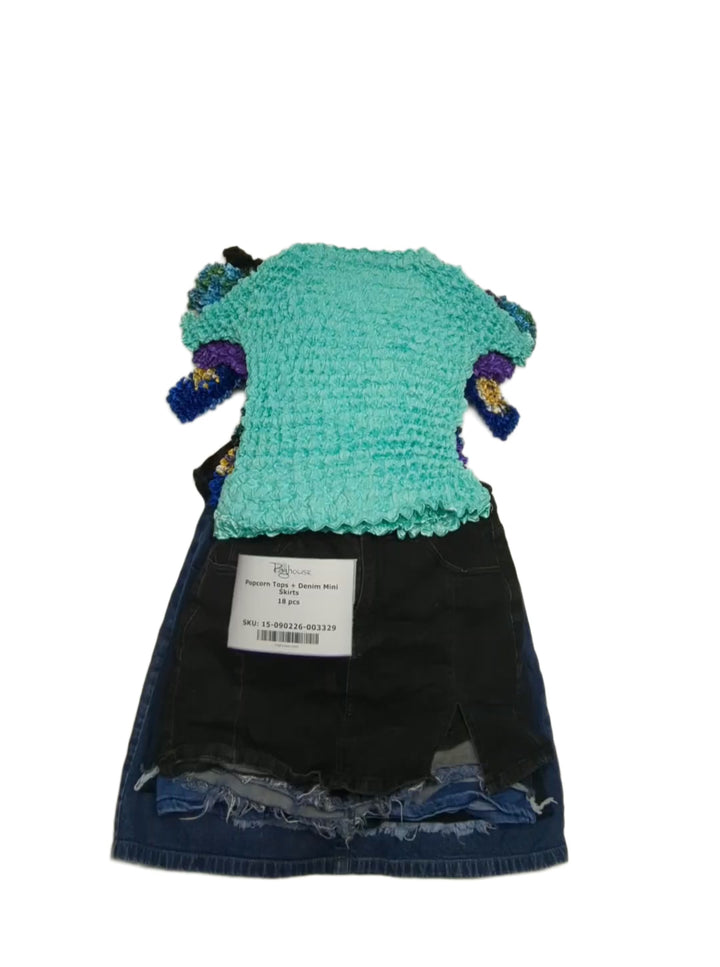 Popcorn Tops + Denim Mini Skirts 18 pcs